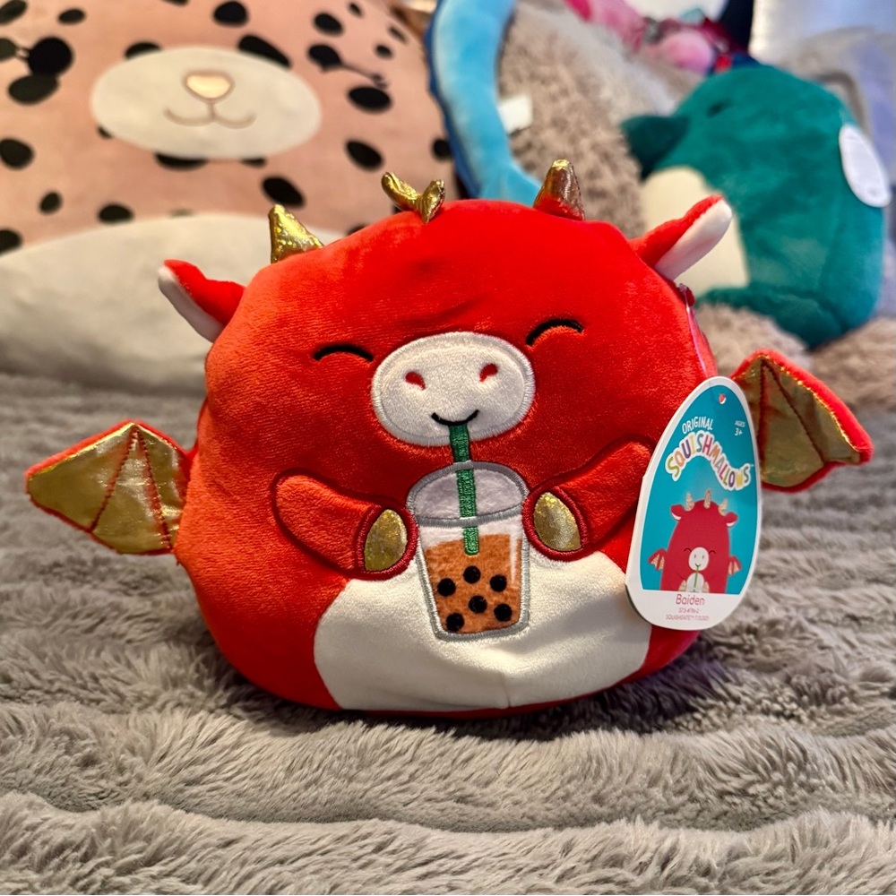 NWT Squishmallows 7.5" Baiden The Dragon with Boba Tea
